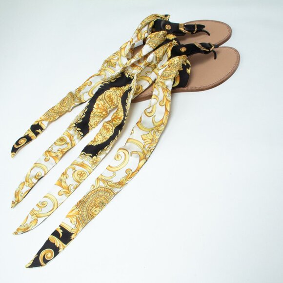 NIB Versace Medusa Ankle Wrap Silk Sash Barocco Sandals Flats Black & Gold, 37 - Picture 6 of 16